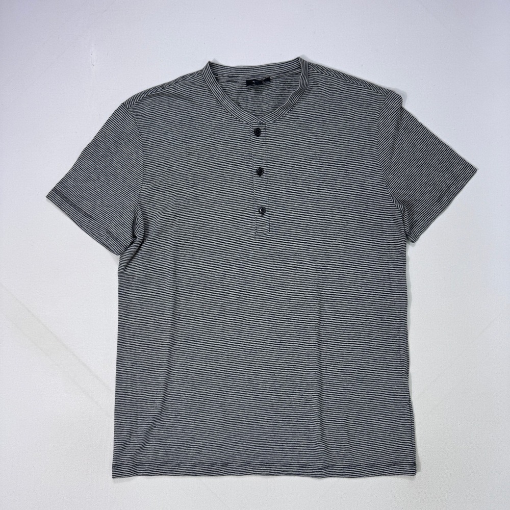 Express Mens Small Henley Shirt Black Gray Striped Linen Blend Short Sleeve Tee